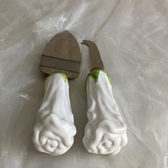 Wedding Cake Server & Knife Set White Rose Bud Floral Handles Stainless Steel - Picture 12 of 15